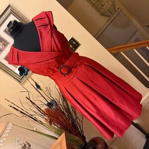 Tahari Red V-Neck Belted Fit & Flare Midi Dress